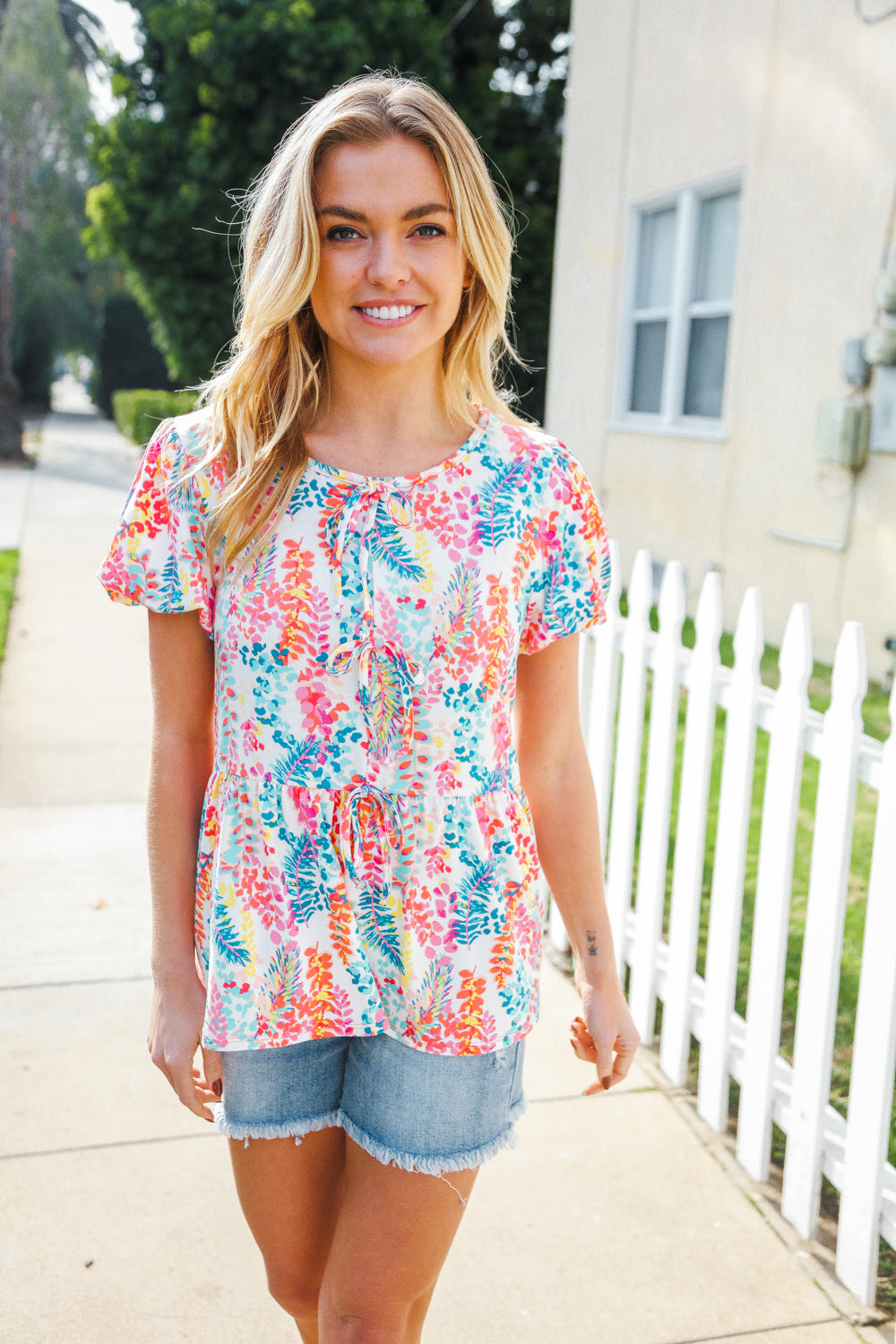 Perfect Find Ivory Floral Leaf Print Short Sleeve Babydoll Top