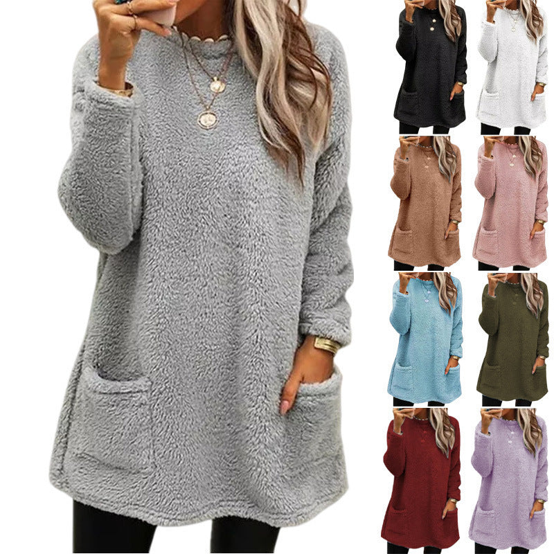 Women's Fleece Pullover Long Sweater With Pockets Winter Warm Thinken Sweatershirt Casual Long Sleeve Plush Tops Hoodie Coat Streetwear Fall Loose Outfits Hoodie Tops