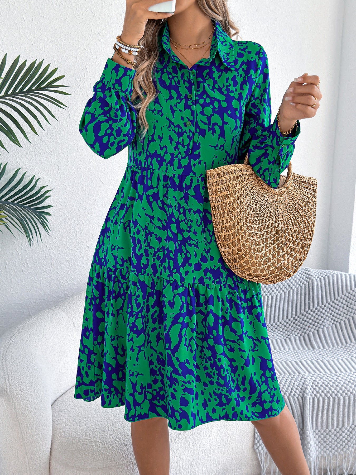 Casual Loose Contrast Color Leopard-print Long-sleeved Shirt Dress