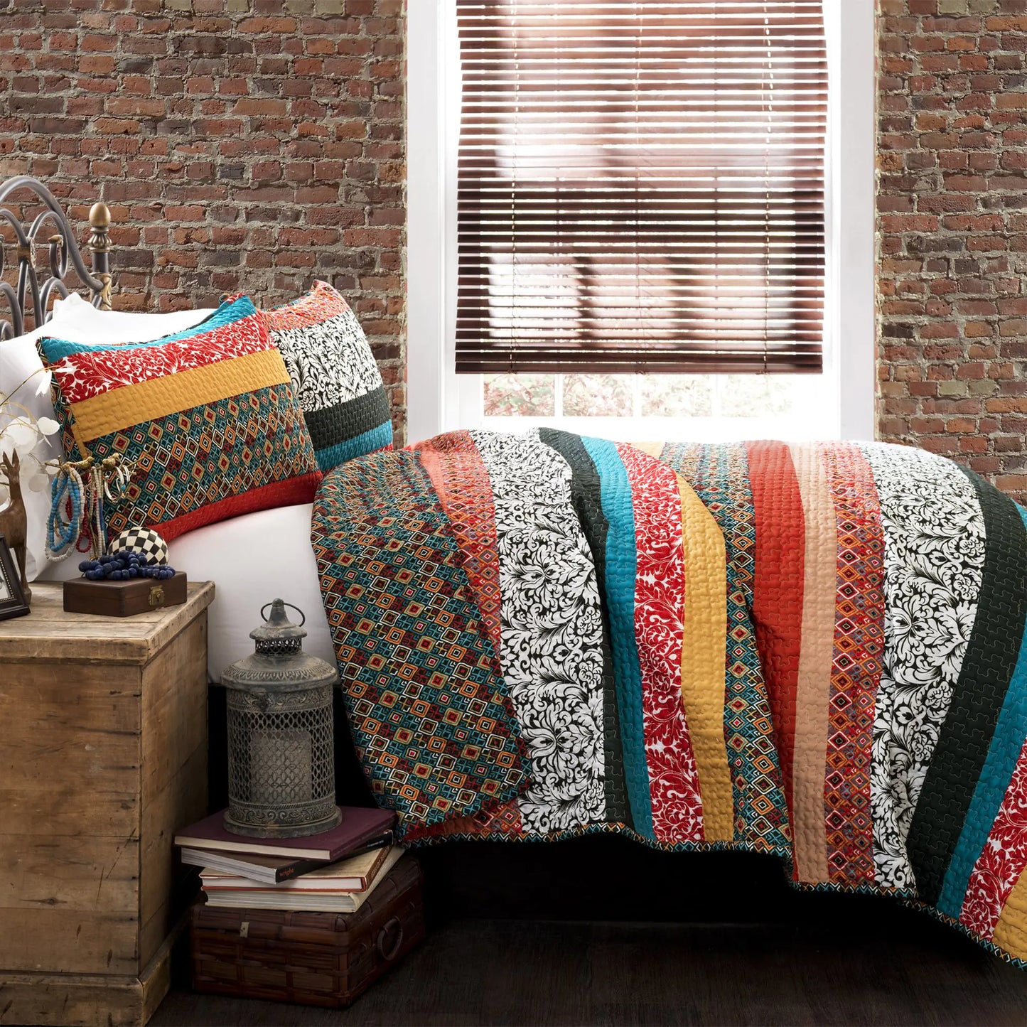 Lush Decor Boho Stripe Reversible Cotton Quilt 3-Piece Set King Turquoise & Tangerine - Bold Colorful Bohemian Bedding Set