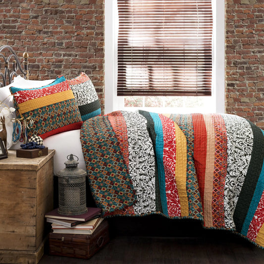 Lush Decor Boho Stripe Reversible Cotton Quilt 3-Piece Set King Turquoise & Tangerine - Bold Colorful Bohemian Bedding Set