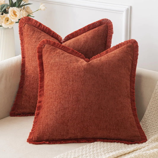 MIULEE Burnt Orange Throw Pillow Covers 18x18 Inch Pack of 2 Cozy Chenille Pillow Covers with Tassels Solid Dyed Decorative Throw Pillows for Couch Sofa Bed Living Room Boho Home Decor